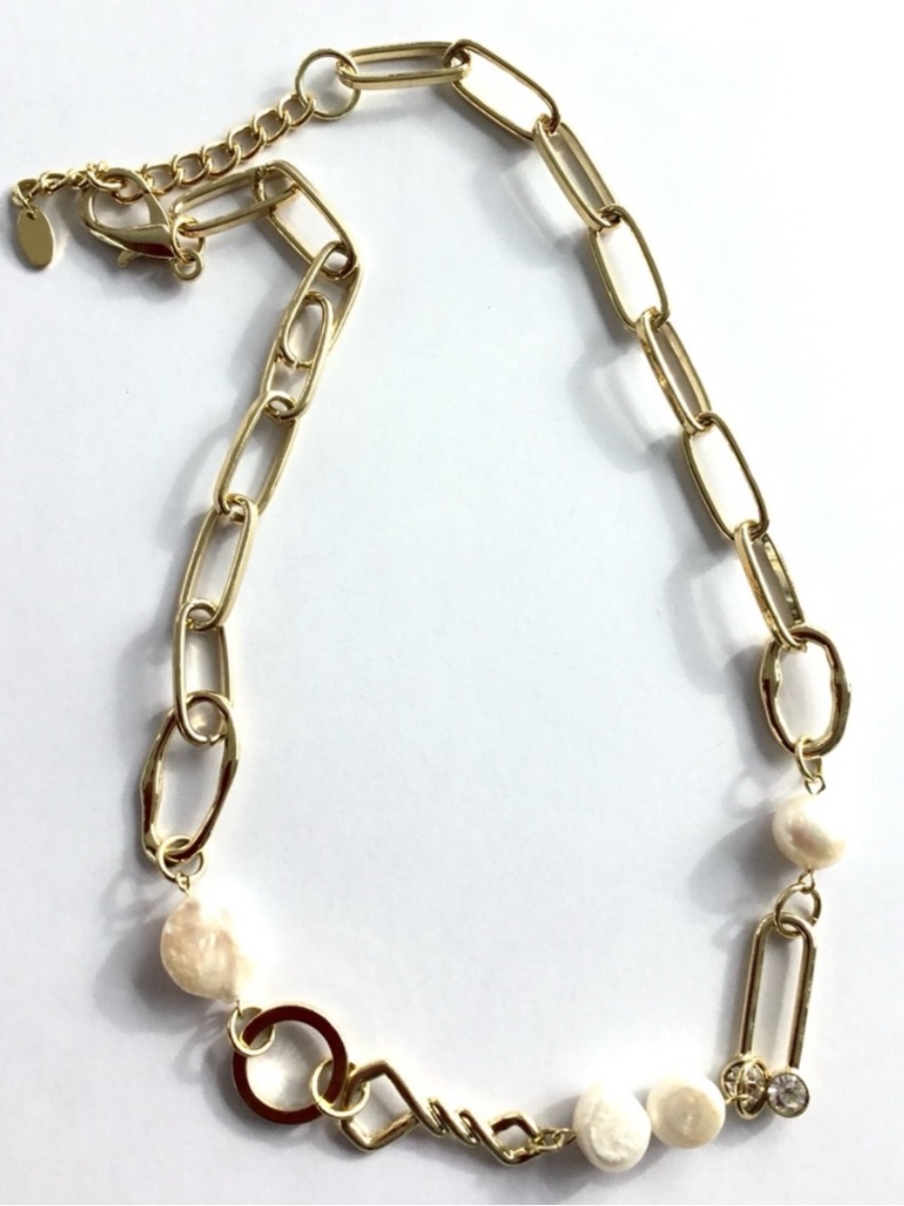 Freshwater Baroque Pearl Gold Plated Pave Crystal Adjustable Chain Link Necklace